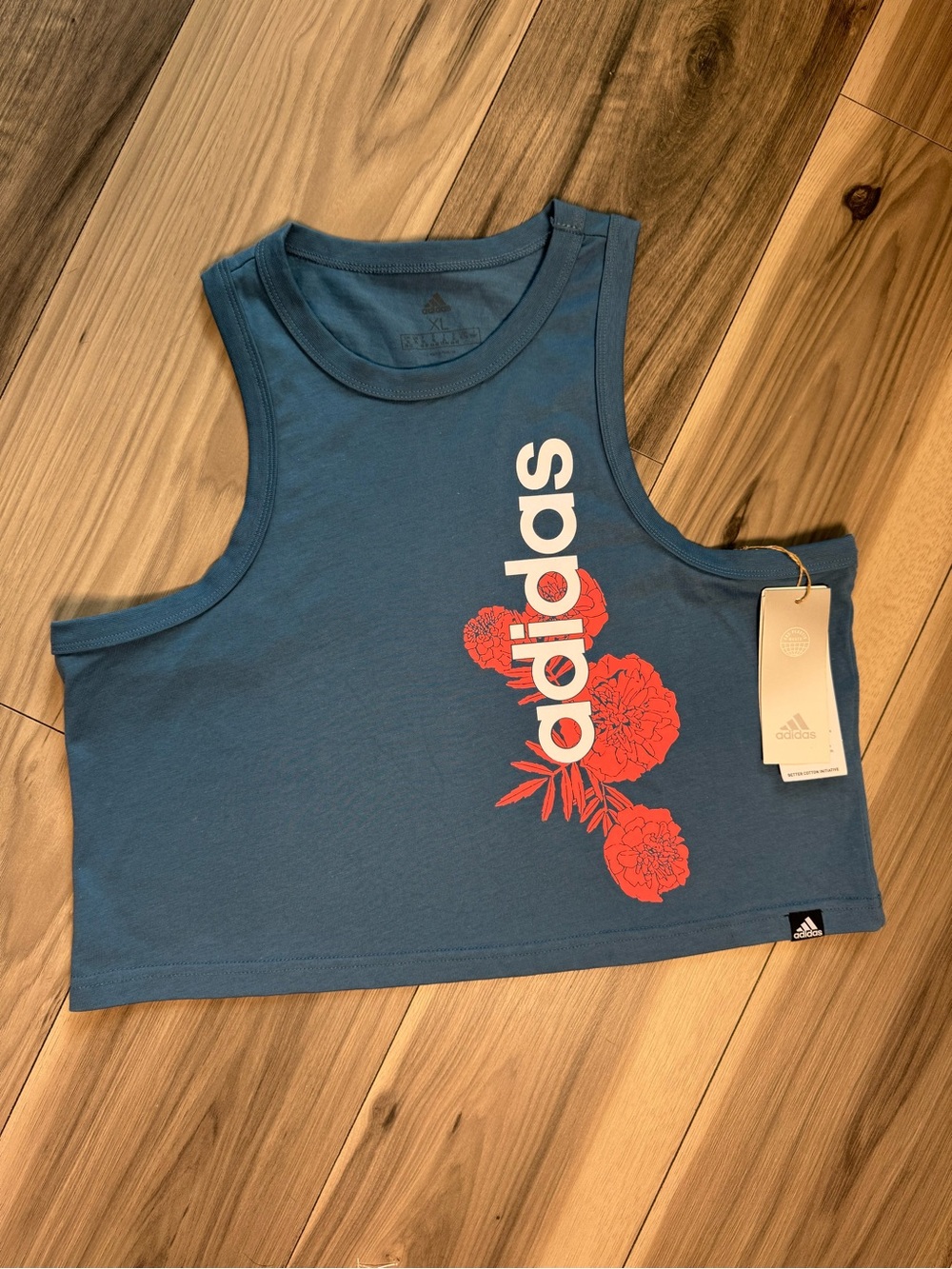 adidas Blue Crop Tank with White Logo and Red Floral Graphic